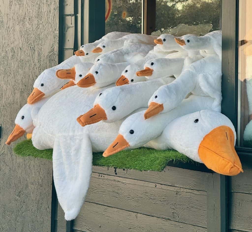 Plush geese stuffed toys displayed for sale in Krakow market, colorful and charming souvenirs lined up together.
